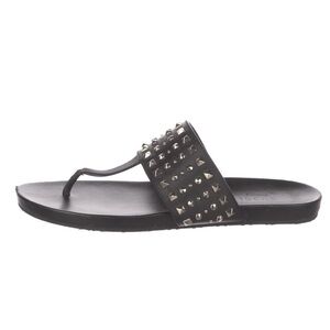 Gucci Authentic Black Leather Silver Studded Thong Slip On Sandals 370671 Sz 37